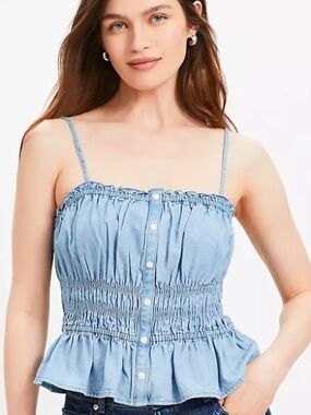LOFT Light Blue Smocked Button-Front Denim Cami - Sz. L - NWT